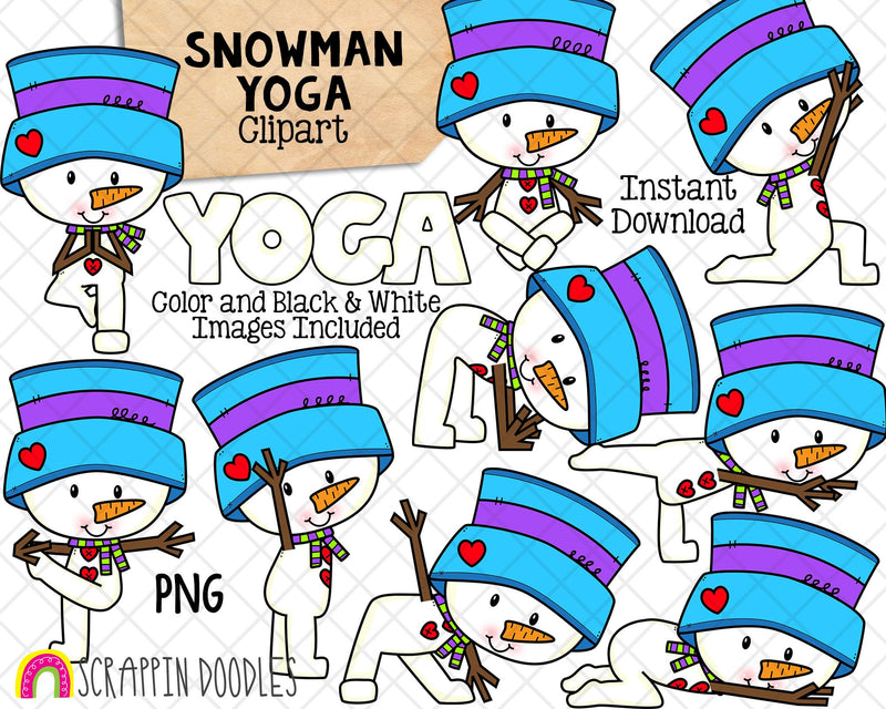 Snowman Yoga Clip Art - Winter Stretching Clipart - Yoga Pose Graphics - Commercial Use PNG Sublimation