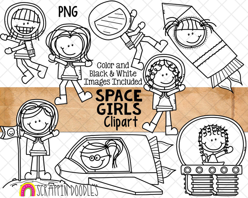 Space ClipArt - Outer Space Girls - Doodle Girls Space - Astronaut Graphics - Spaceman - Spaceship - Commercial Use PNG