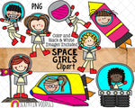 Space ClipArt - Outer Space Girls - Doodle Girls Space - Astronaut Graphics - Spaceman - Spaceship - Commercial Use PNG