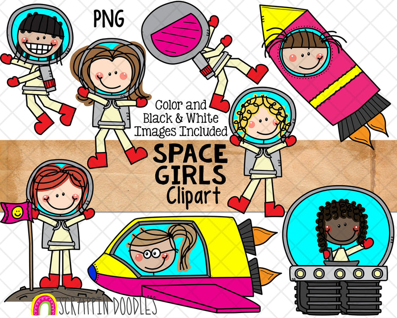 Space ClipArt - Outer Space Girls - Doodle Girls Space - Astronaut Graphics - Spaceman - Spaceship - Commercial Use PNG