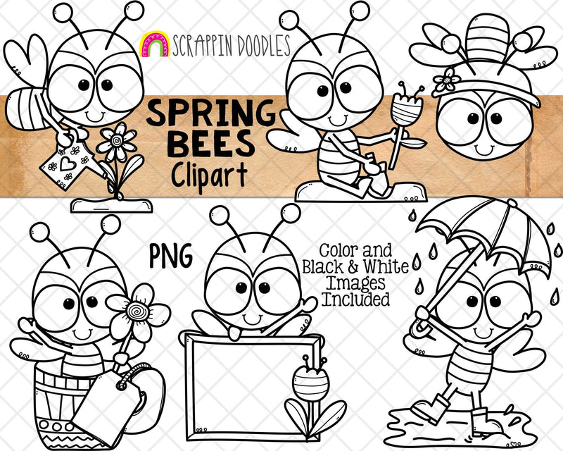 Spring Bees Clipart - Bumble Bee - Garden Insects - Bee in TeaCup - Gardening Bee - Spring Showers - Sublimation - Hand Drawn PNG