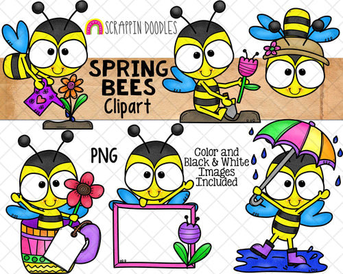 Spring Bees Clipart - Bumble Bee - Garden Insects - Bee in TeaCup - Gardening Bee - Spring Showers - Sublimation - Hand Drawn PNG