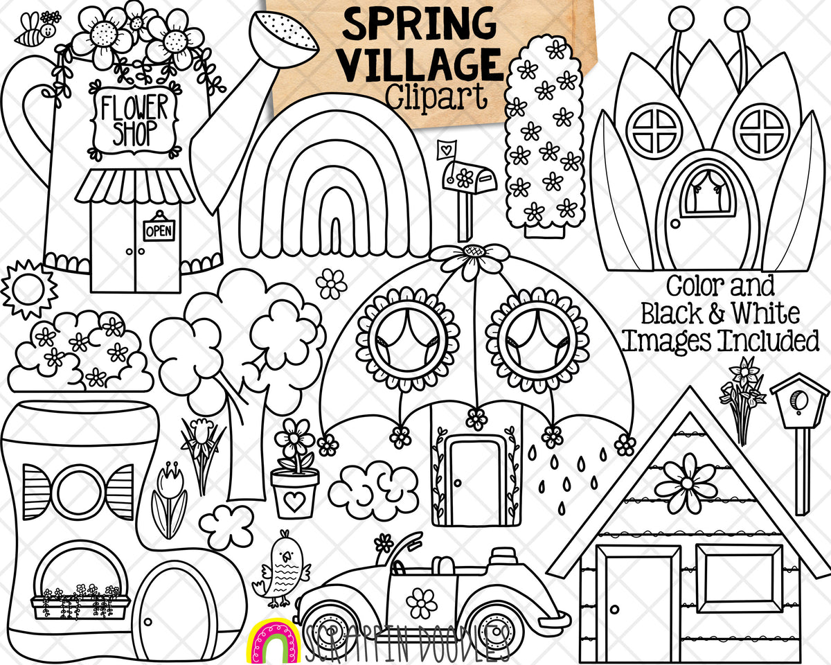 Spring Village ClipArt - Flower Shop Tulip House - Whimsical Umbrella House - Commercial Use PNG
