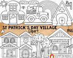 St Patrick's Day Village Clip Art - Irish Town Houses - Shamrock Trees - Clover House - Delivery Truck - Mailbox - Commercial Use - PNG