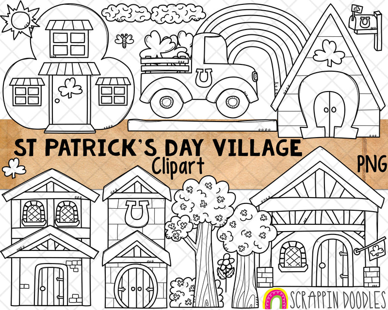St Patrick's Day Village Clip Art - Irish Town Houses - Shamrock Trees - Clover House - Delivery Truck - Mailbox - Commercial Use - PNG