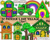 St Patrick's Day Village Clip Art - Irish Town Houses - Shamrock Trees - Clover House - Delivery Truck - Mailbox - Commercial Use - PNG