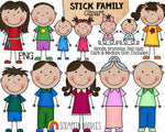 Stick Family Clip Art - Various Hair Colors - Stick Figures - Stick Family Graphics - Hand Drawn PNG