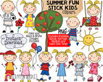 Stick Kids Summer Fun Clip Art - Various Hair Colors - Stick Figures - Stick Family Graphics - Hand Drawn PNG