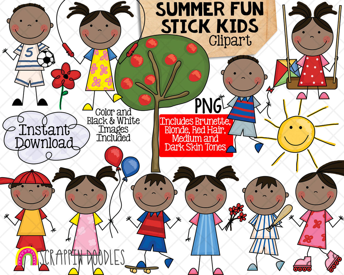Stick Kids Summer Fun Clip Art - Various Hair Colors - Stick Figures - Stick Family Graphics - Hand Drawn PNG