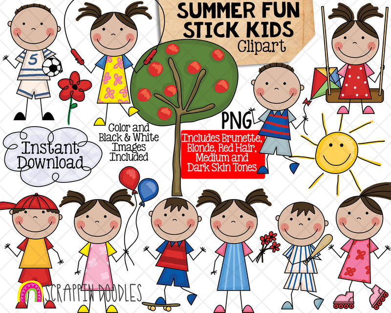 Stick Kids Summer Fun Clip Art - Various Hair Colors - Stick Figures - Stick Family Graphics - Hand Drawn PNG
