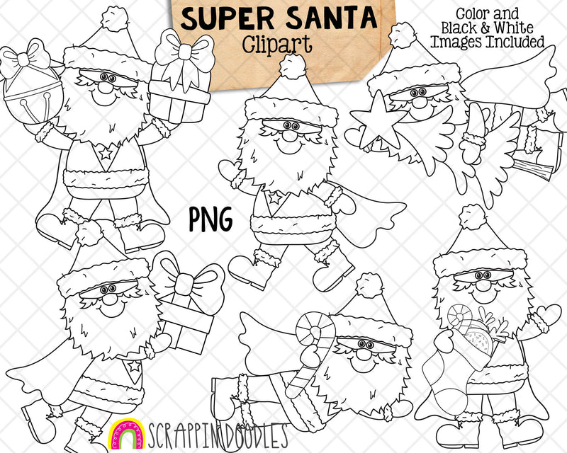 Super Santa Claus ClipArt - Christmas Super Hero Clip Art - Hand Drawn Sublimation PNG Included  12 images  Transparent 300 DPI images - Commercial Use Allowed
