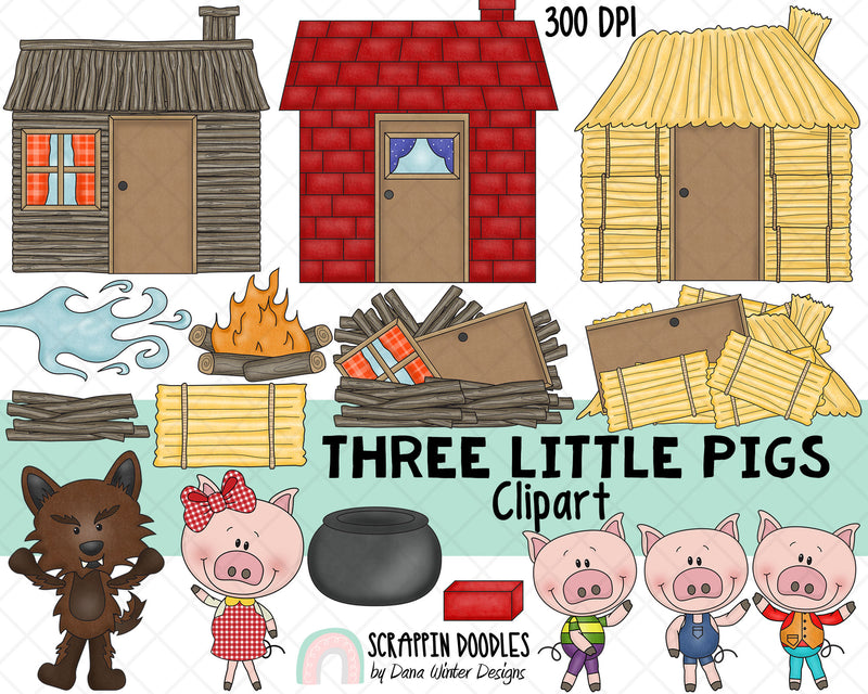 Three Little Pigs ClipArt - Nursery Rhyme - Fairy Tale Graphics - Big Bad Wolf - Children's Stories - Story time - 3 Little Pigs 