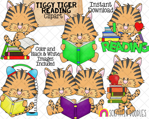 Tiger Reading ClipArt - Tiggy Tiger Cute Baby Jungle Animal - Commercial Use PNG