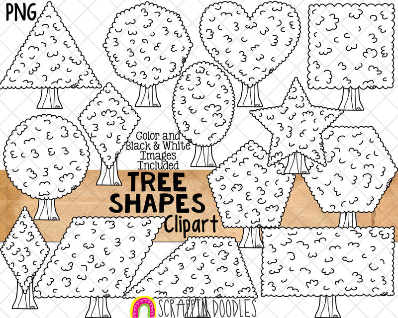 Tree Shapes ClipArt - Commercial Use 2D Shape Clip Art - Earth Day Shape Graphics - Hand Drawn PNG