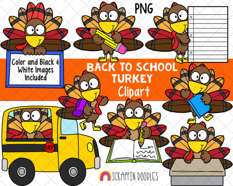 Turkey ClipArt - Cute School Turkey Clip Art - Back to School - First Day of School