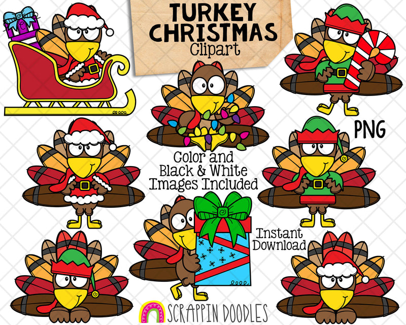 Turkey Christmas Clip Art - Cute Commercial Use Turkey Clipart - Christmas Graphics.