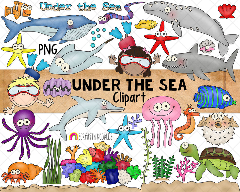 Under The Sea ClipArt - Ocean Snorkeling Clip Art - Blue Whale - Shark - Dolphin - Star Fish - BlowFish - Stingray - Commercial Use PNG