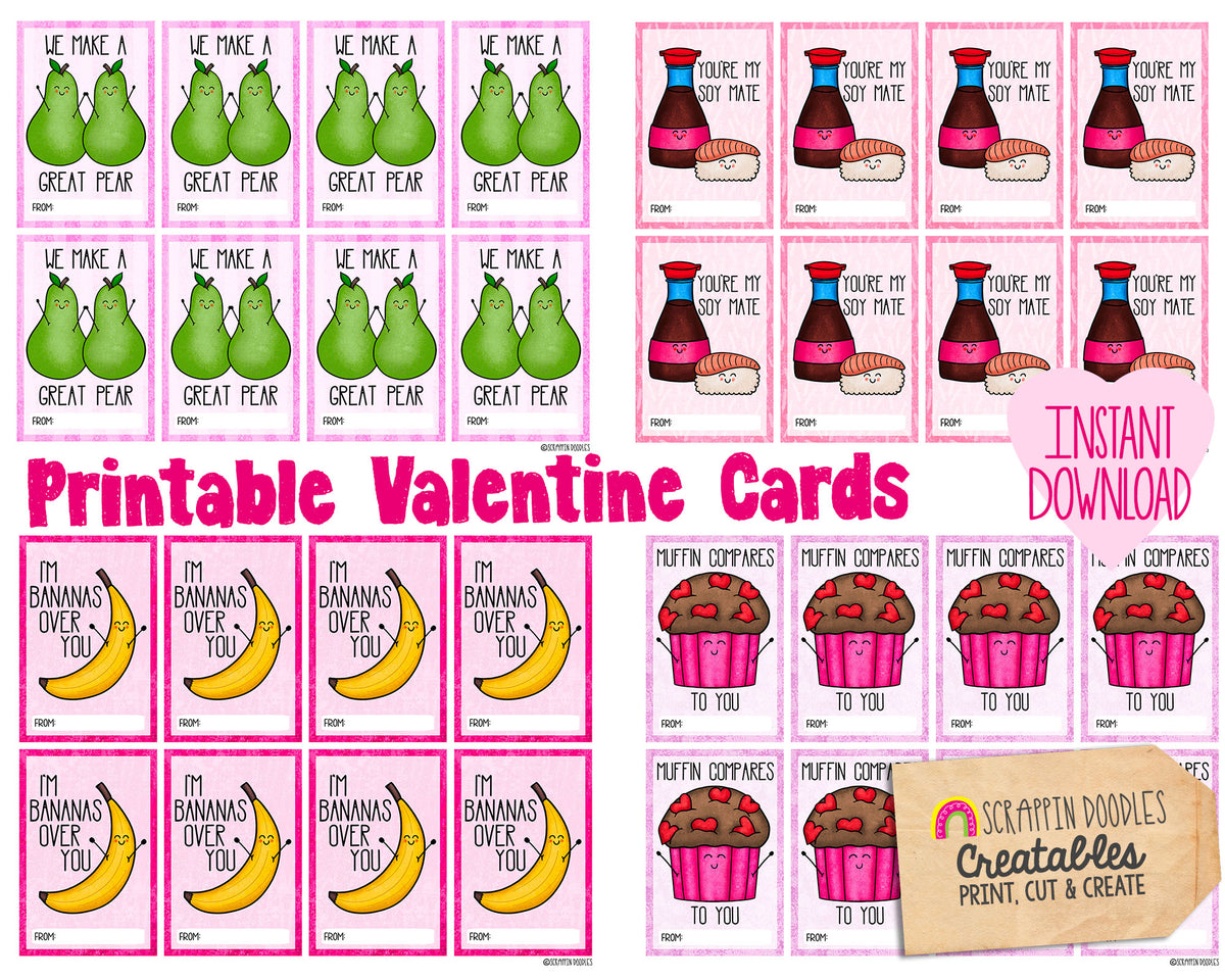 Printable Valentine Cards - Kids Valentines Day Food Puns Gift Cards ...