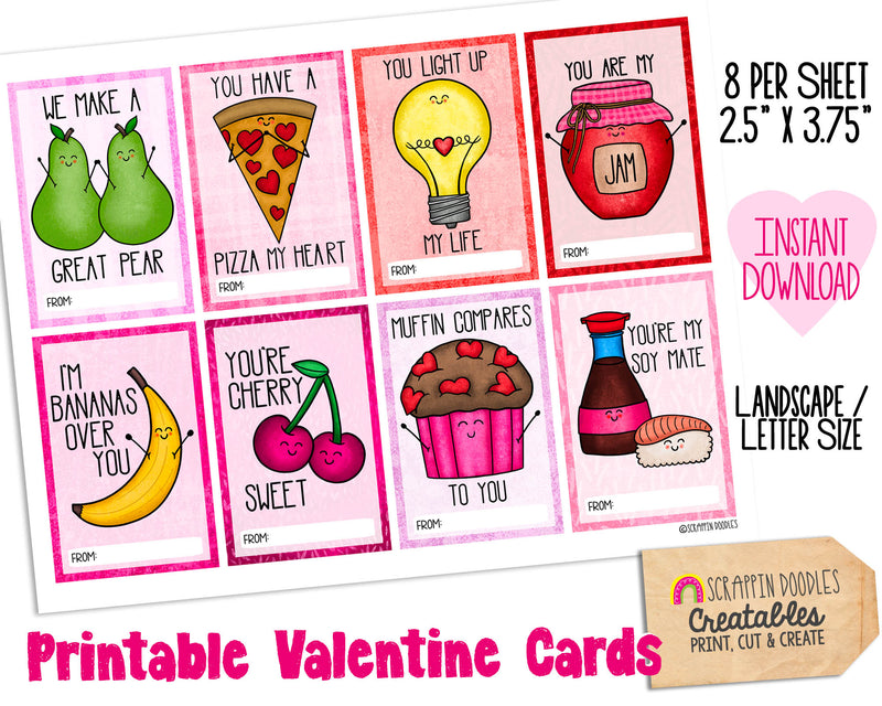 Printable Valentine Cards - Kids Valentines Day Food Puns Gift Cards - Classroom Valentine Paper Craft - PDF