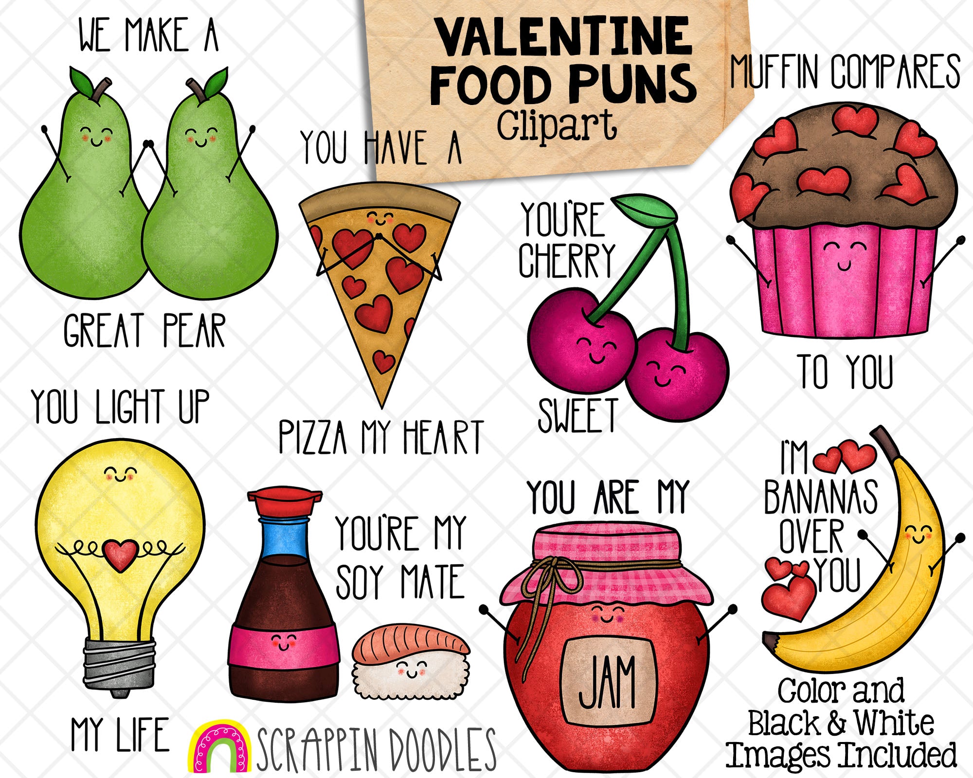 valentine food puns clipart - valentines day graphics - commercial