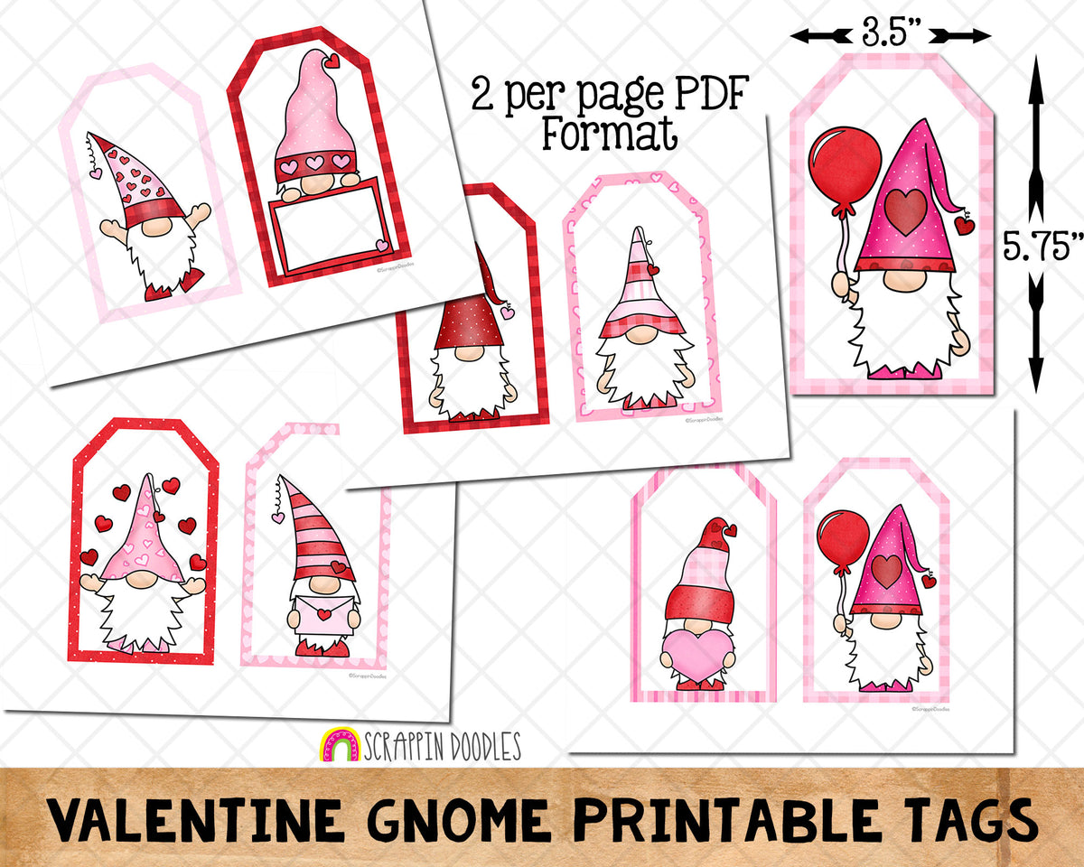 Valentine Gnome Printable Tags - Valentines Day Printable Gift Tags - Valentine Paper Craft