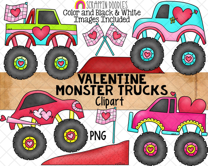 Valentine's Day Monster Trucks ClipArt - Monster Truck Clip Art - Valentine Trucks - Racing Checkered Flag - Commercial Use - PNG