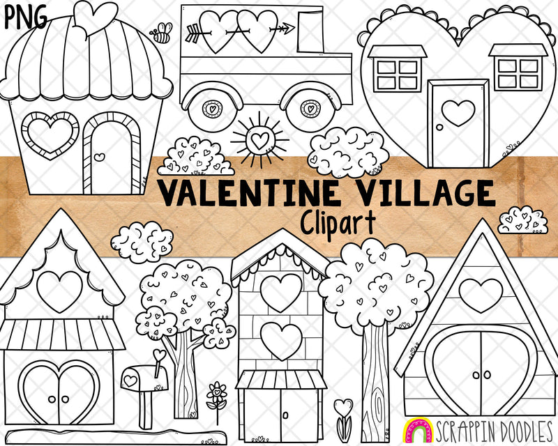 Valentine's Day Village Clip Art - Valentine Town Houses - Heart Trees - Cupcake House - Delivery Truck - Love Mailbox