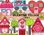 Valentine's Day Village Clip Art - Valentine Town Houses - Heart Trees - Cupcake House - Delivery Truck - Love Mailbox