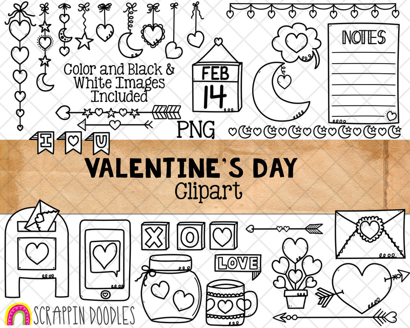 Valentine's Day Doodle Clip Art - Valentine Bullet Journal - Commercial Use Valentine Clipart - Valentine Digital Planner Stickers