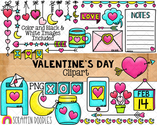 Valentine's Day Doodle Clip Art - Valentine Bullet Journal - Commercial Use Valentine Clipart - Valentine Digital Planner Stickers