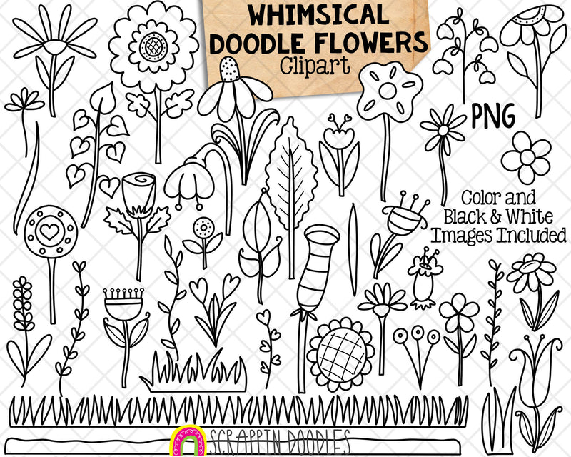 Whimsical Doodle Flowers ClipArt - Commercial Use PNG